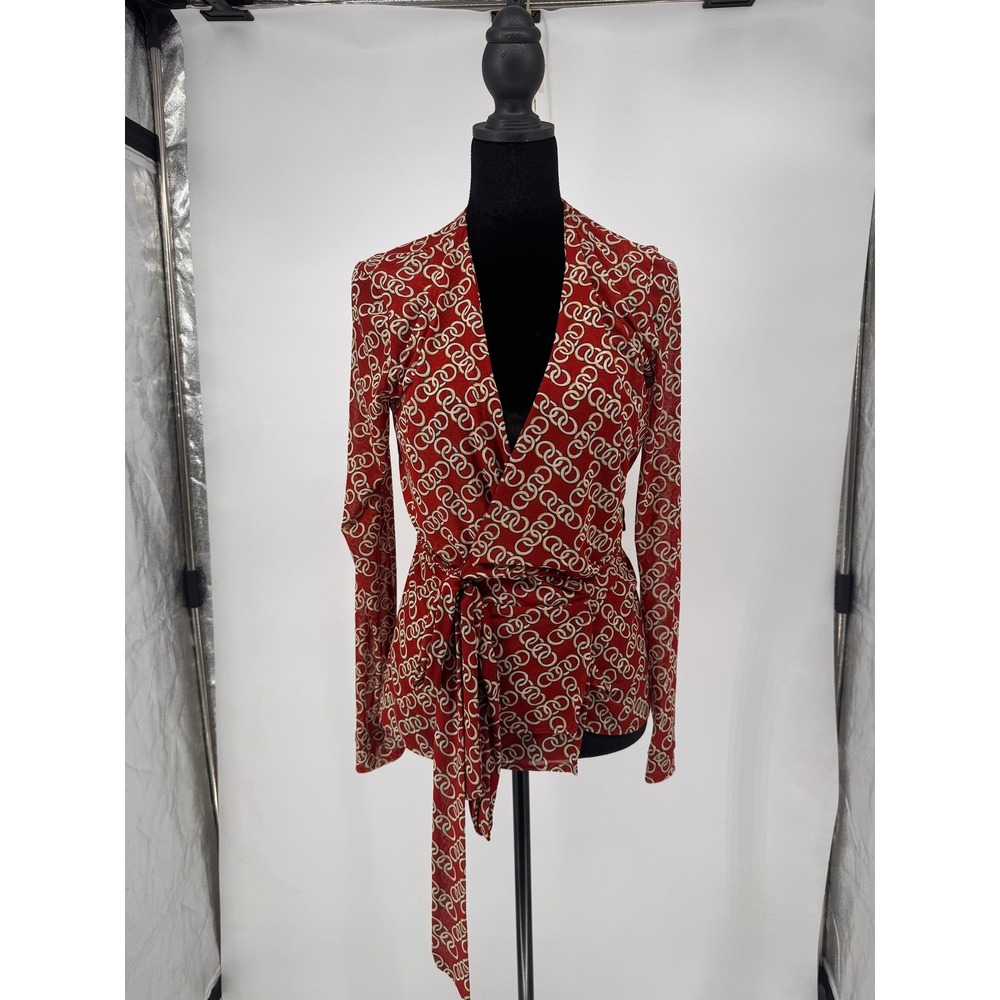 Cabi Chain Link Wrap Top Womens Small Red Excellent Long Sleeve Tie Waist 3951